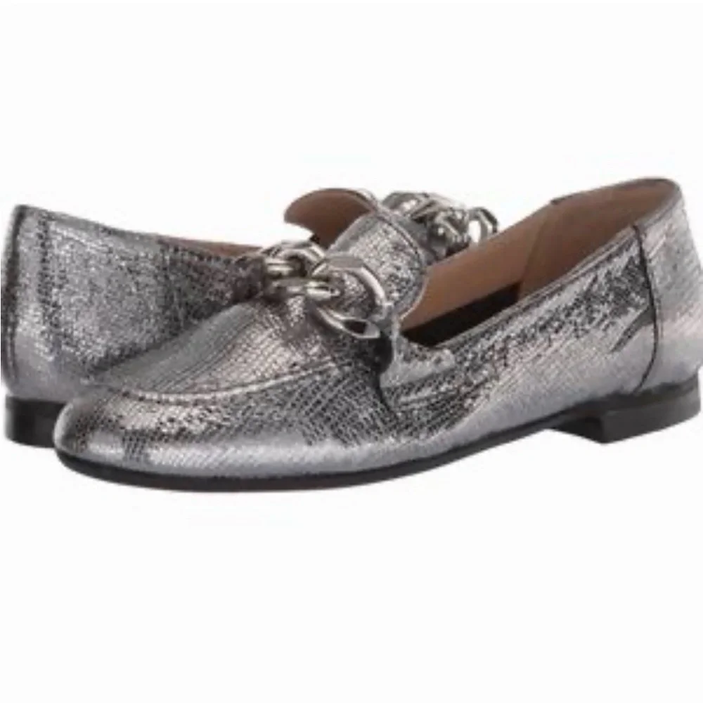 Donald Pliner Bethany Silver Metallic Flat Loafer Silver Chain Hardware 41/US 10